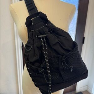 Dagne Dover Black Nylon Drawstring Sling Belt Bag with Mesh Pockets - Pickleball